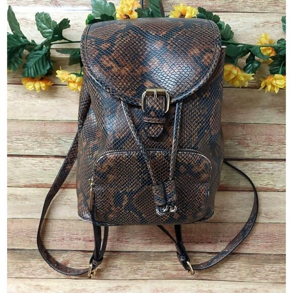 ALDO Brown & Gold Snakeskin Print Faux Leather Backpack Adjustable Straps - Picture 12 of 14